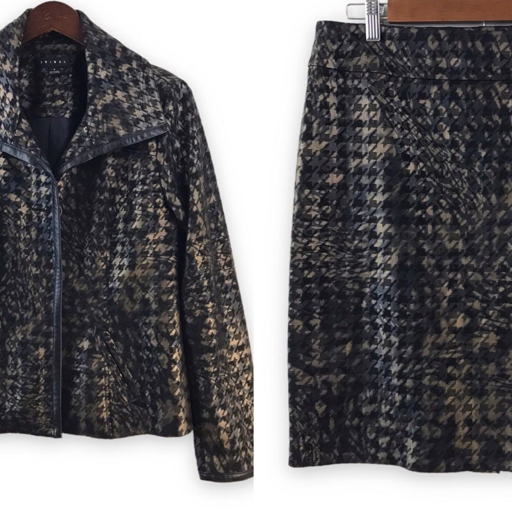 Tribal Women's 8 2-PC Skirt‎ And Blazer Suit Set Brown Black Houndstooth Preppy